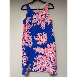 Lilly Pulitzer Silk Shift Dress Womens Medium Blue Pink Coral  100% Silk